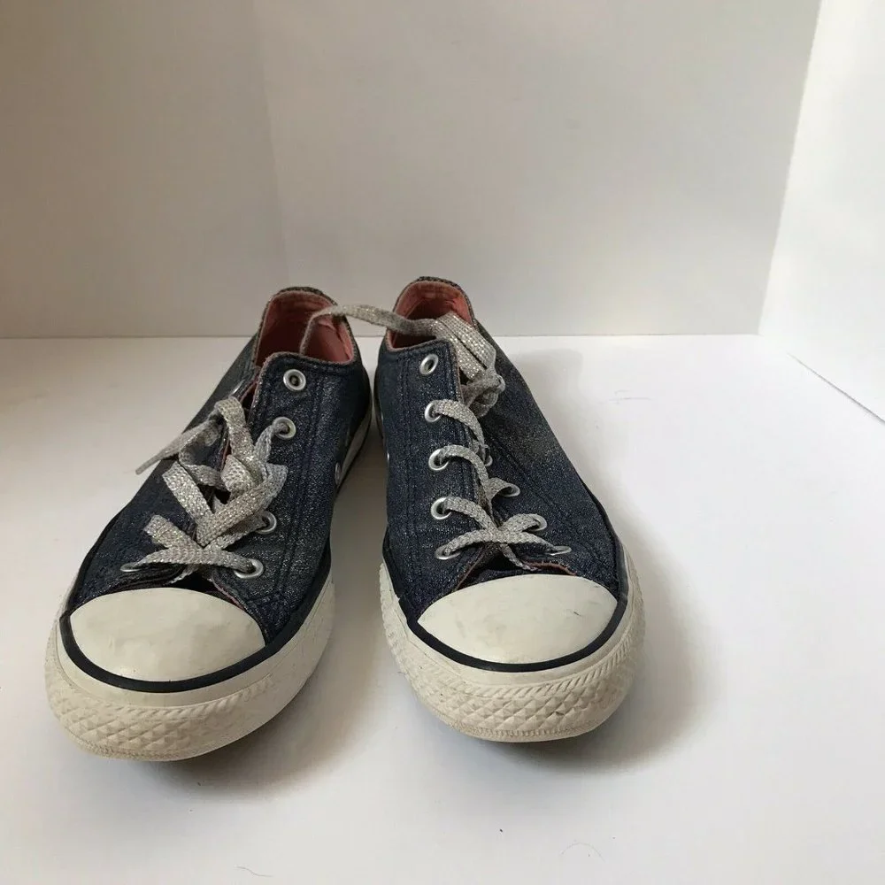 Converse All Star Kids Blue Glitter Denim Low Top Sneakers Silver Laces Size‎ 3Y